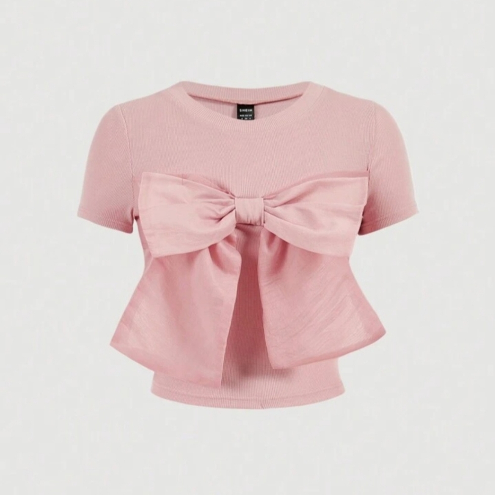 Shein Ribbed Crop Tee with Oversized Bow, medium/6, NWT